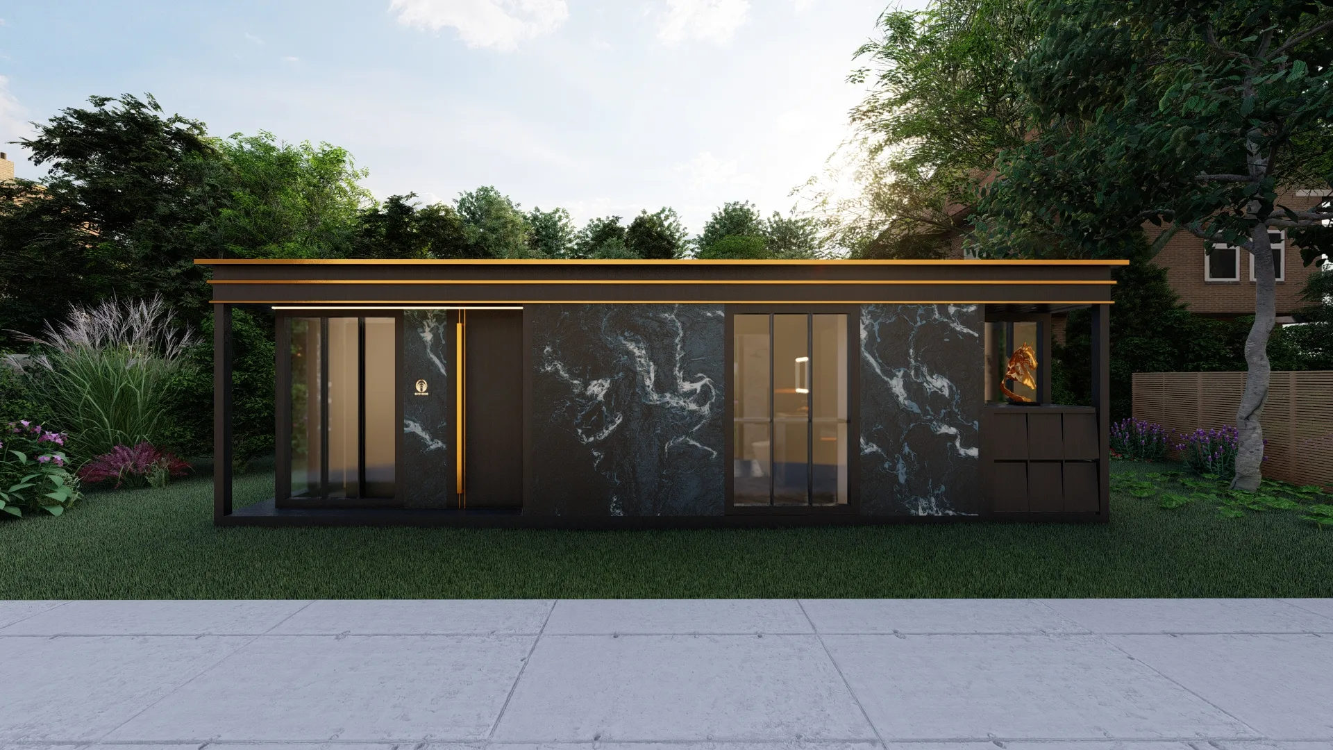 Front exterior rendering of the Nestron Legend Two X Folksy with dark wood siding, large windows, and a paved foreground