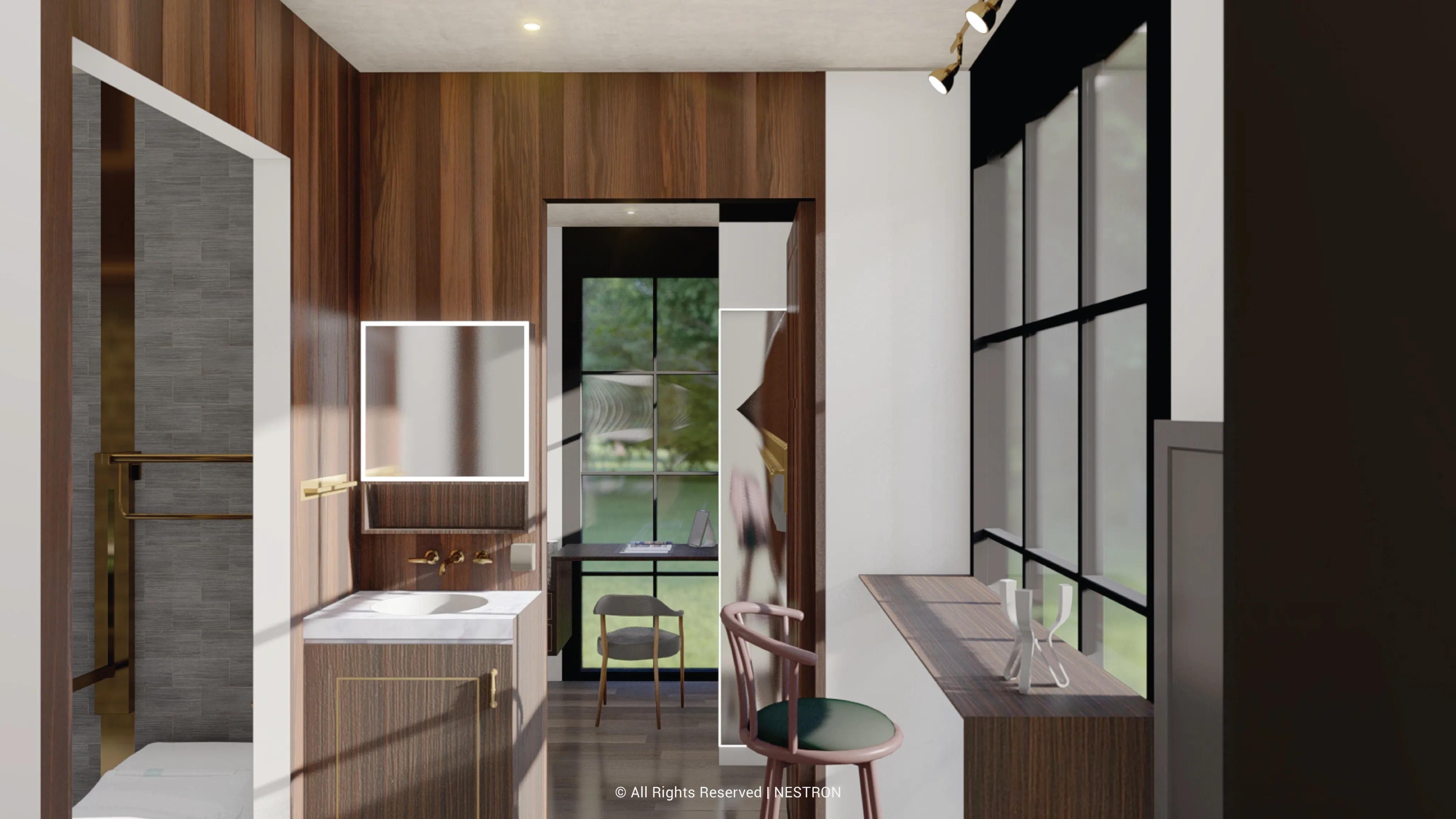 Nestron Legend Two X Folksy interior rendering showing a dining area, wood cabinetry, and a large glass door overlooking greenery