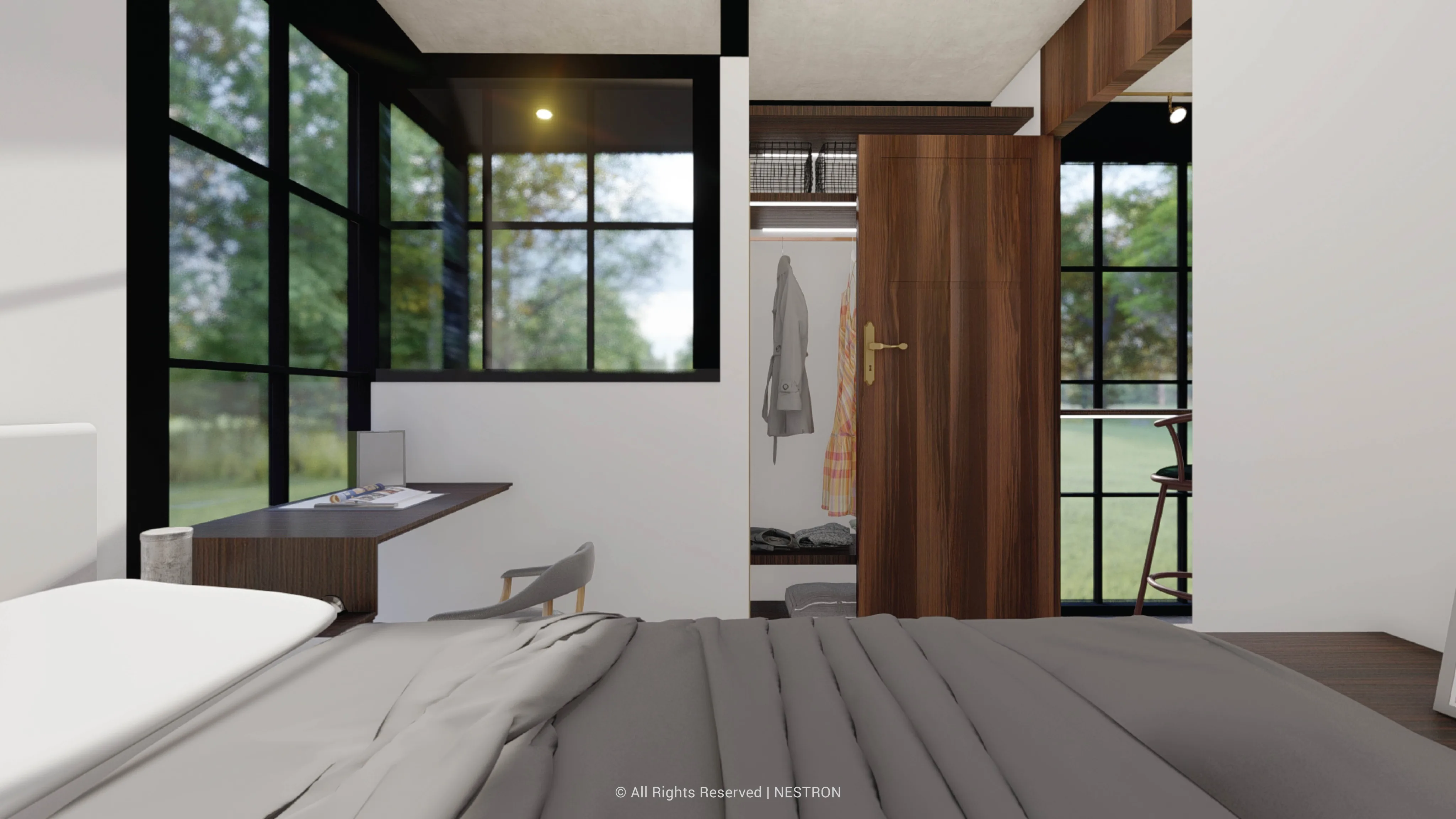 Nestron Legend Two X Folksy bedroom rendering with a bed, large black framed windows, and wood cabinetry