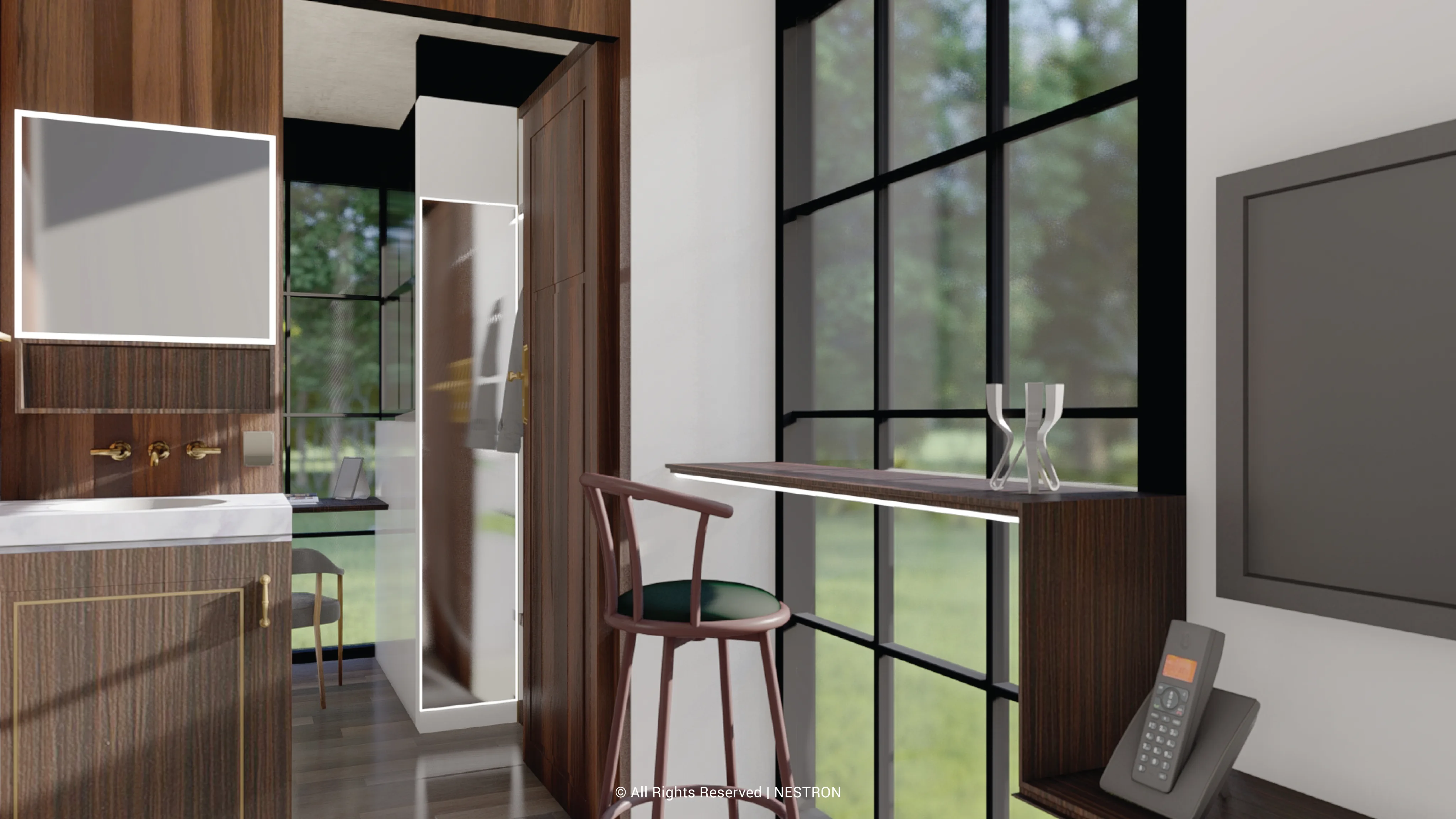 Nestron Legend Two X Folksy interior rendering with a large black framed window, wood cabinetry, and a compact dining area