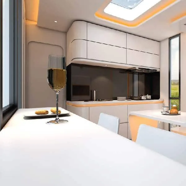 Nestron Cube Two interior rendering with a white dining table, dark cabinetry, and warm wood accents