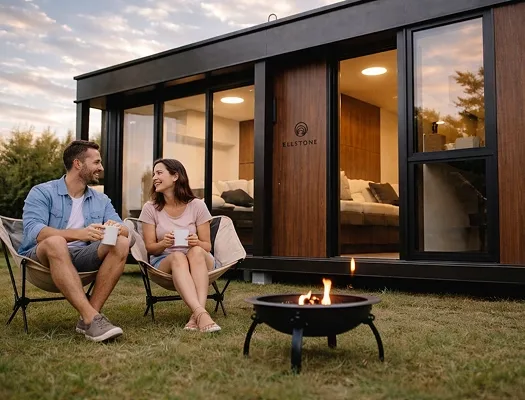 People relaxing outside a modern modular home with large glass doors and warm interior lighting