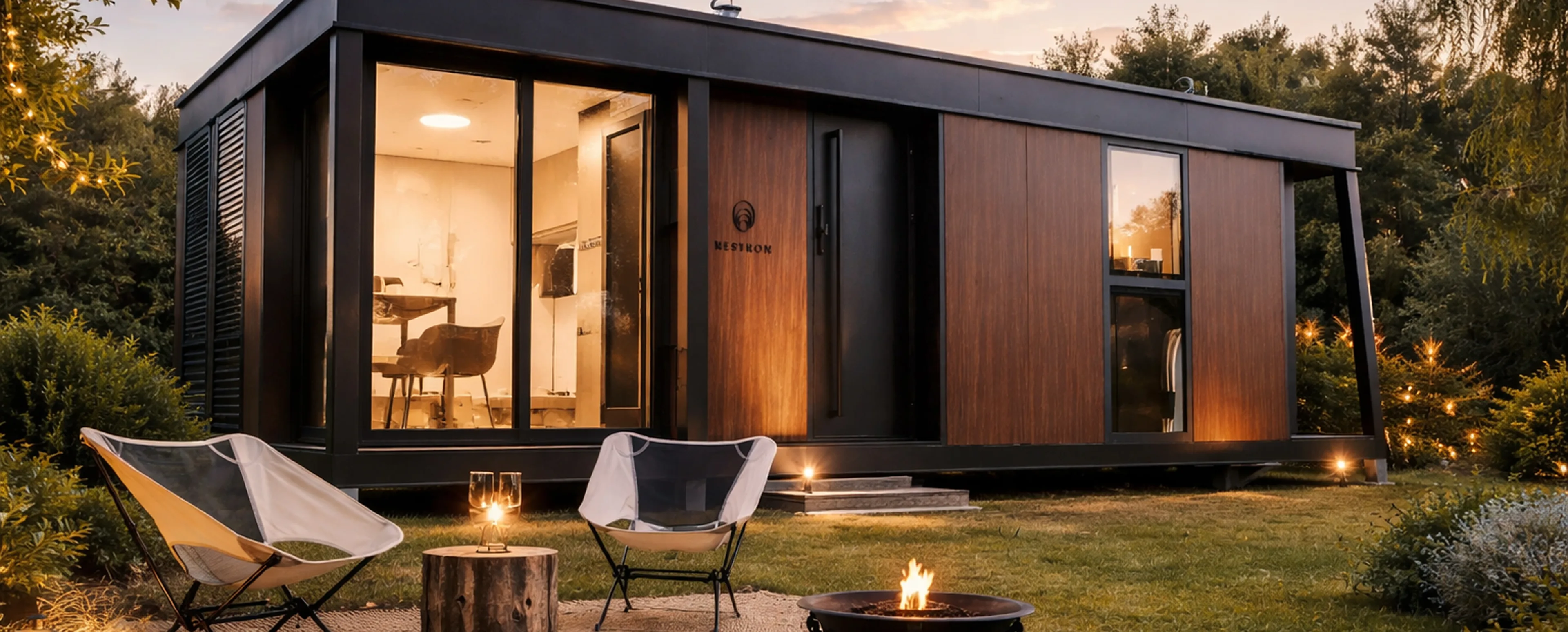 Exterior view of a modern modular home at dusk with wood siding, large windows, and warm interior lighting
