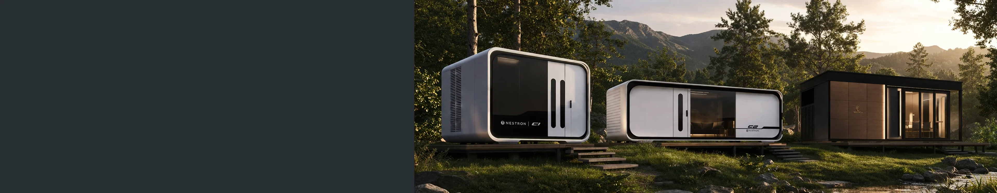 Exterior rendering of a compact Nestron modular home with a rounded dark facade in a wooded setting