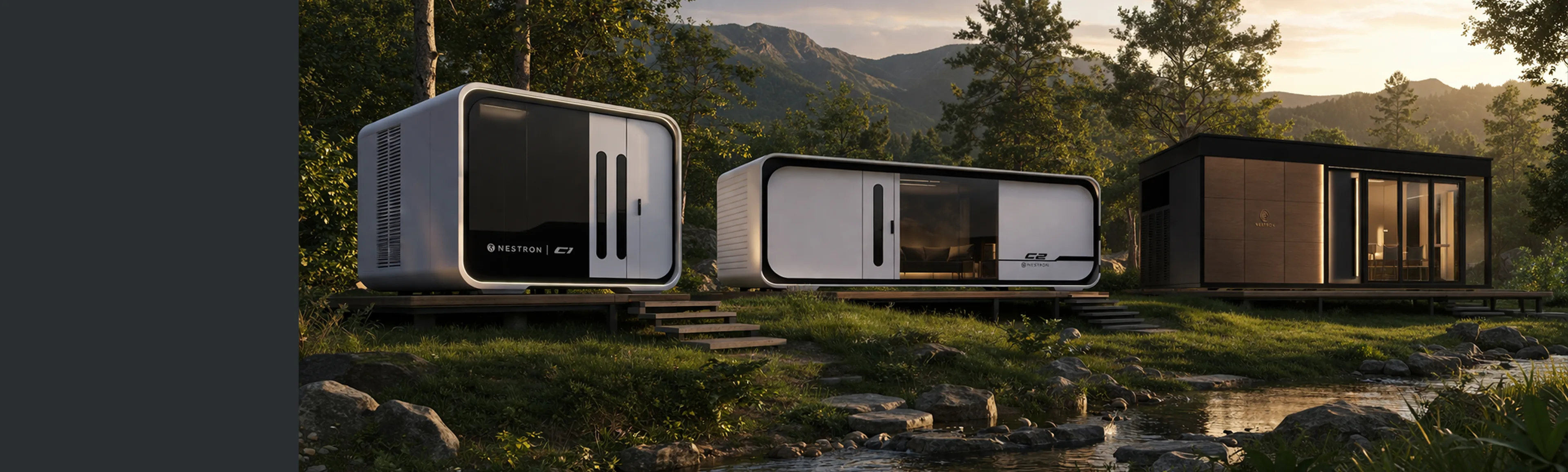 Exterior view of multiple Nestron modular homes in a landscaped mountain setting