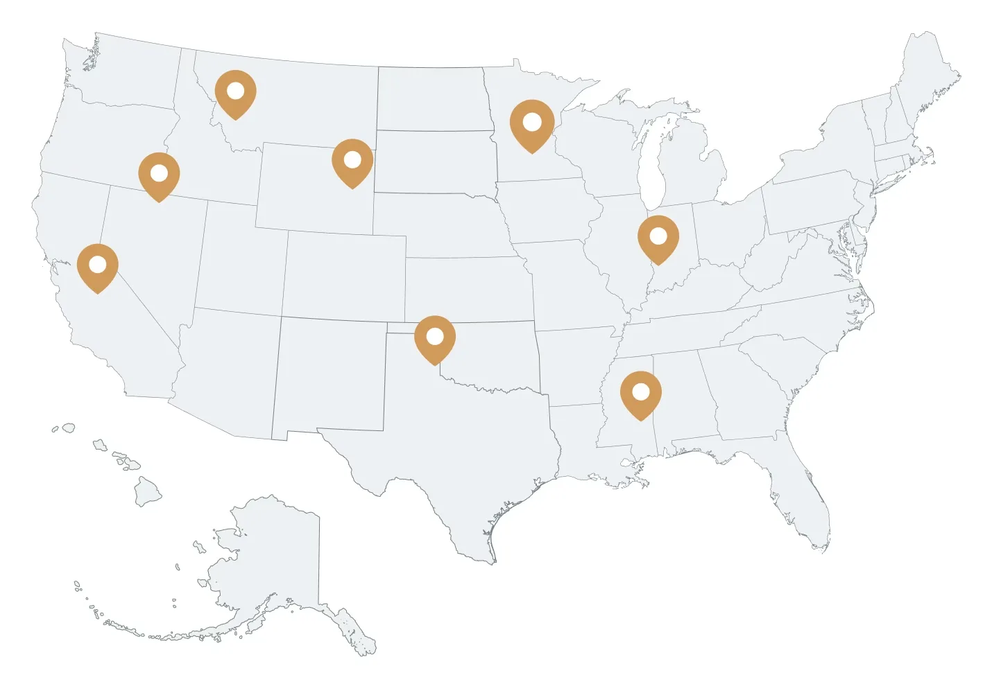 Map of the United States with multiple location markers