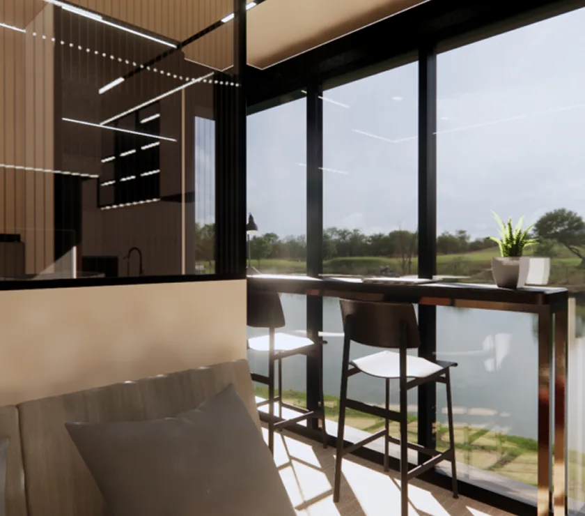 Nestron modular home interior with panoramic floor-to-ceiling windows, dining counter, and built-in seating