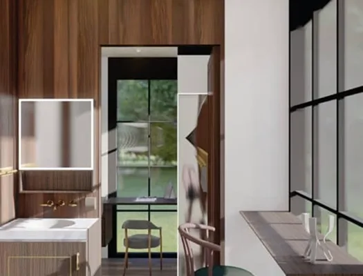 Nestron modular home interior with wood cabinetry, large glass doors, and a bright dining area