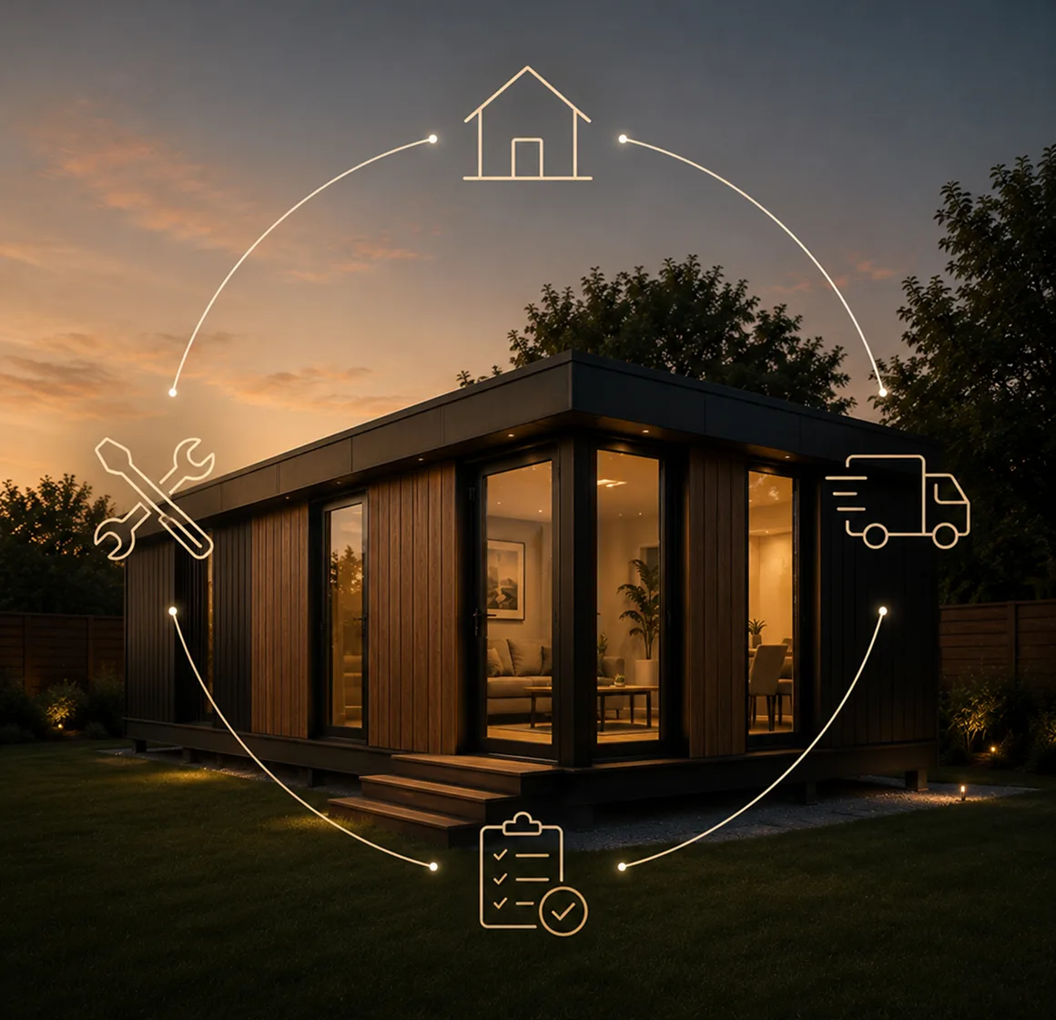 Exterior night view of a modern modular home with warm interior lighting and surrounding trees