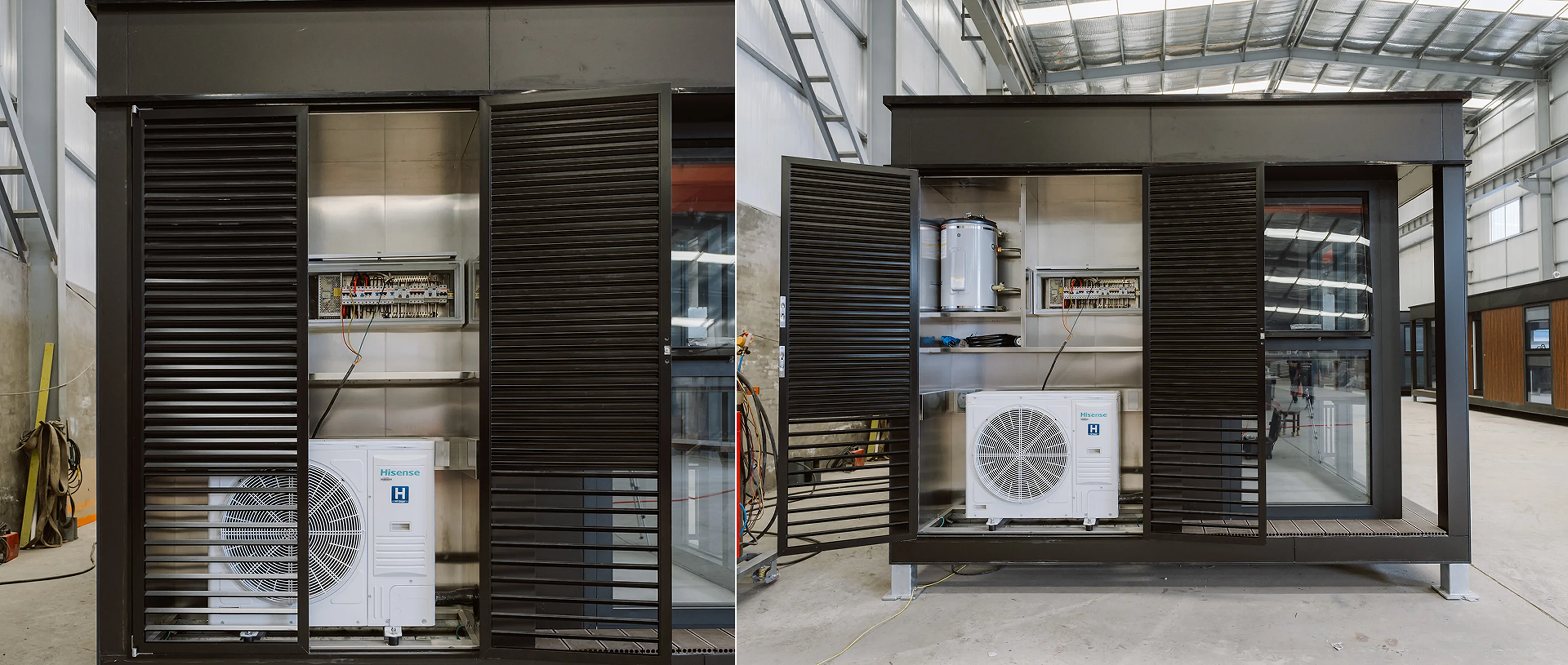 Exterior utility area of a modular home with louvered panels, equipment, and an HVAC unit