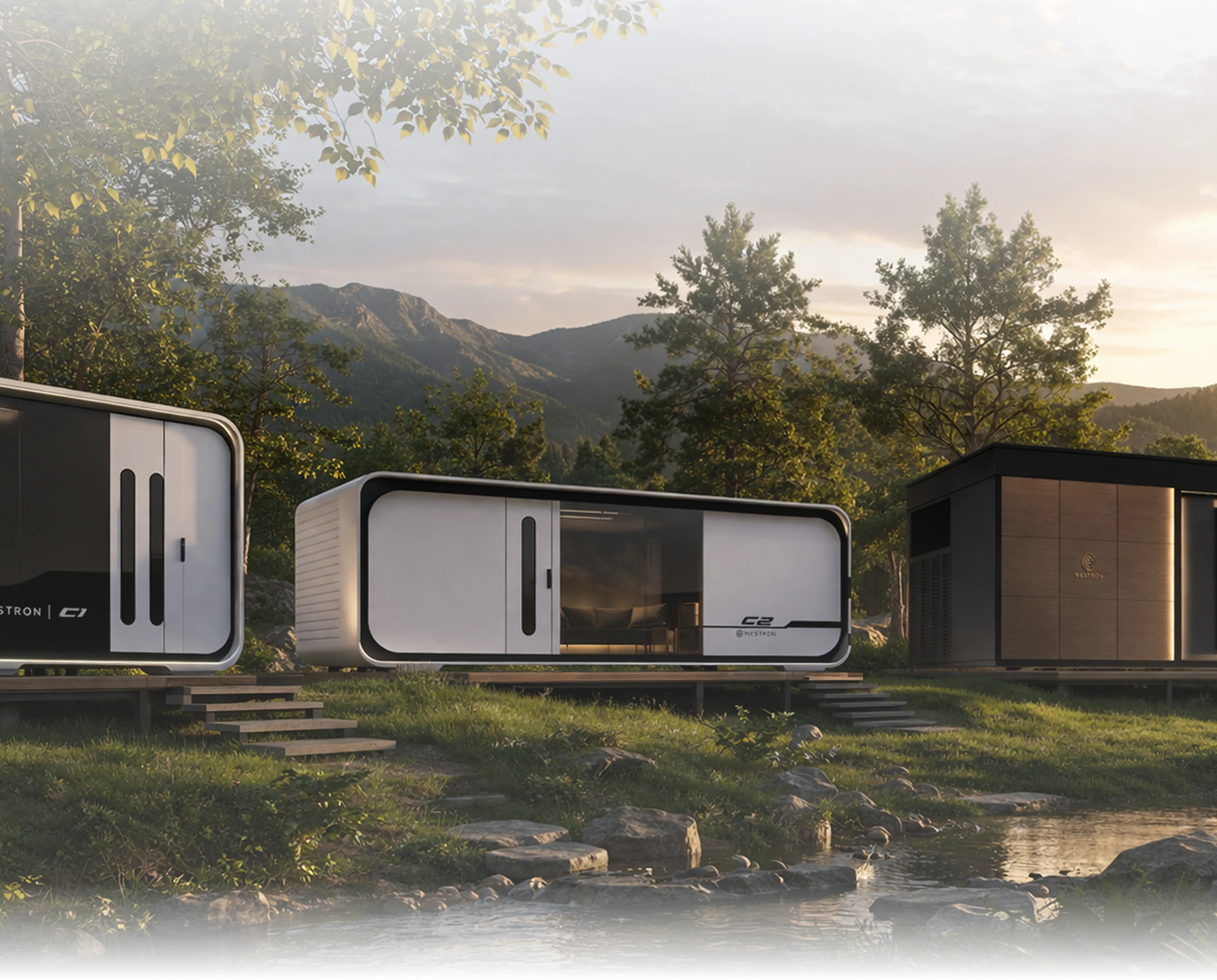 Exterior view of Nestron modular homes in a landscaped natural setting