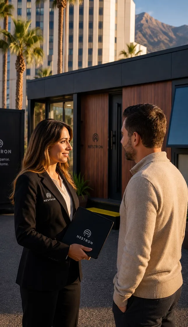 Two people having a conversation outside a modern modular home