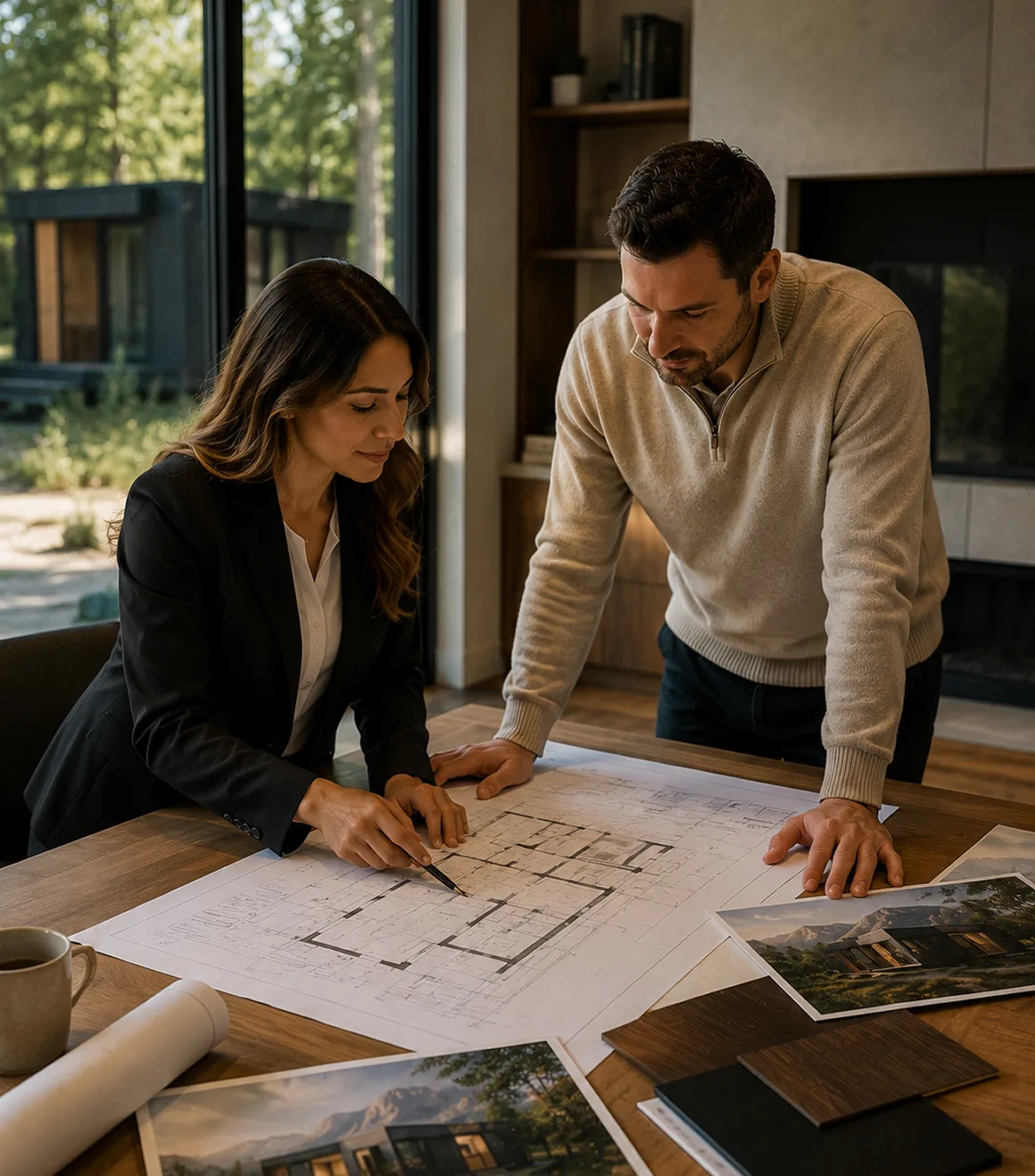Two people reviewing plans and discussing a project together at a table
