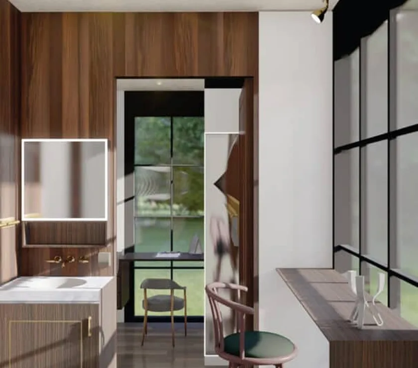 Nestron modular home interior with a compact vanity, workspace, large windows, and wood cabinetry