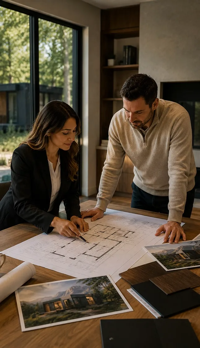 Two people reviewing documents and discussing a project at a table