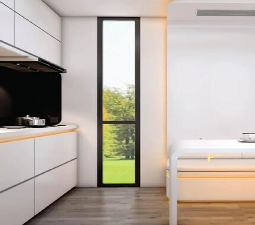 Nestron compact kitchen and sleeping area with white cabinetry, narrow window, and built-in bed
