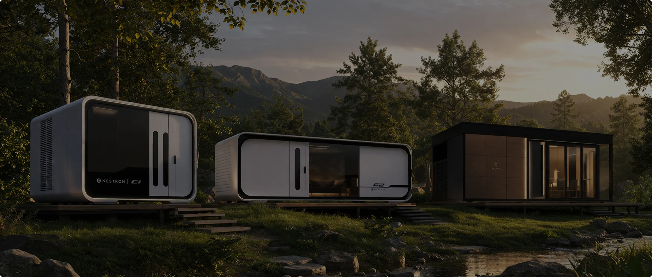 Exterior view of Nestron modular homes in a landscaped mountain setting