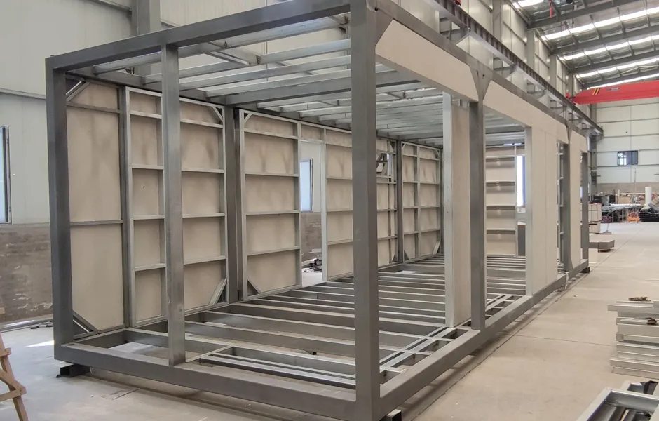 Steel framing structure inside a modular home production facility