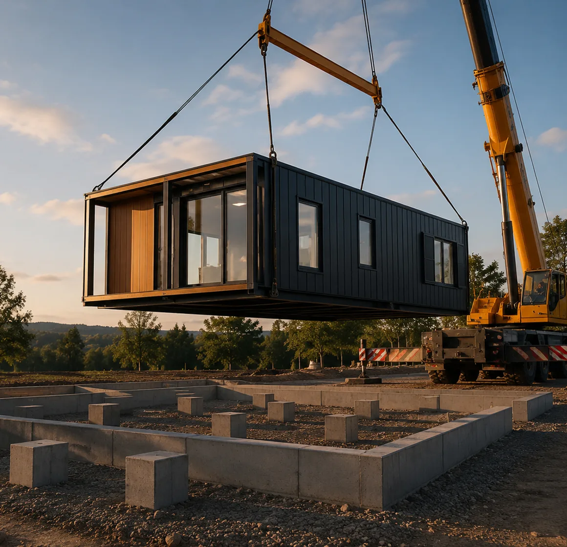 Modular home unit being lifted by a crane onto a prepared foundation at a construction site