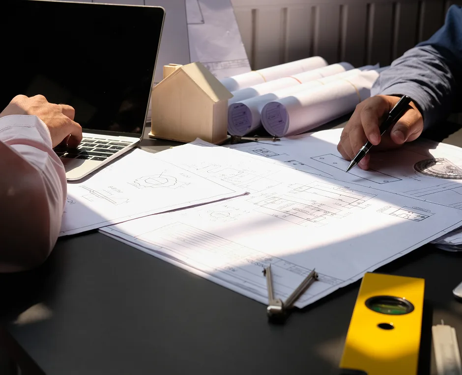 Close-up of construction plans and documents on a work surface