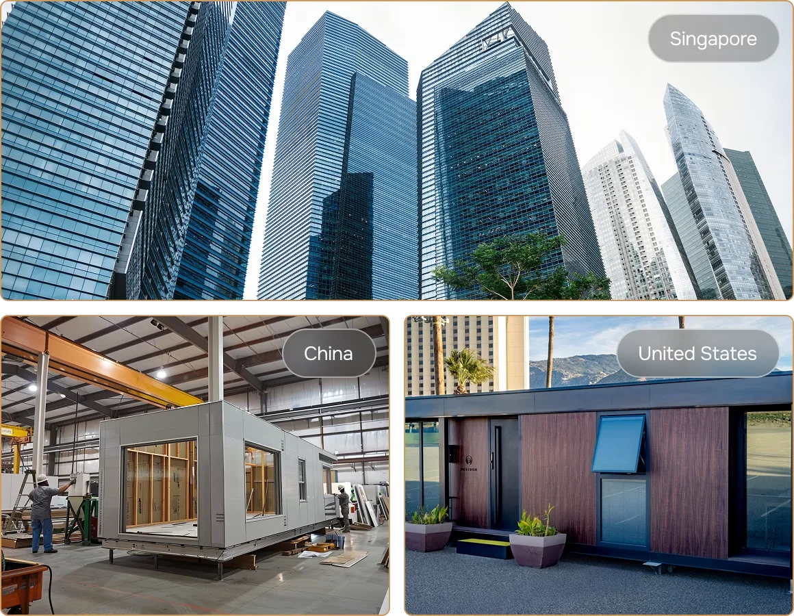 Collage showing modern buildings and modular home installations in urban and residential settings