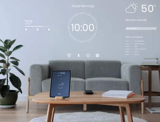 Modern smart home interior with a wall-mounted digital control display above a sofa