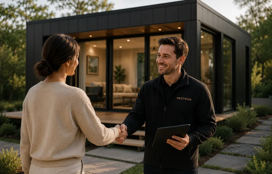 Nestron representative speaking with a visitor outside a modern modular home