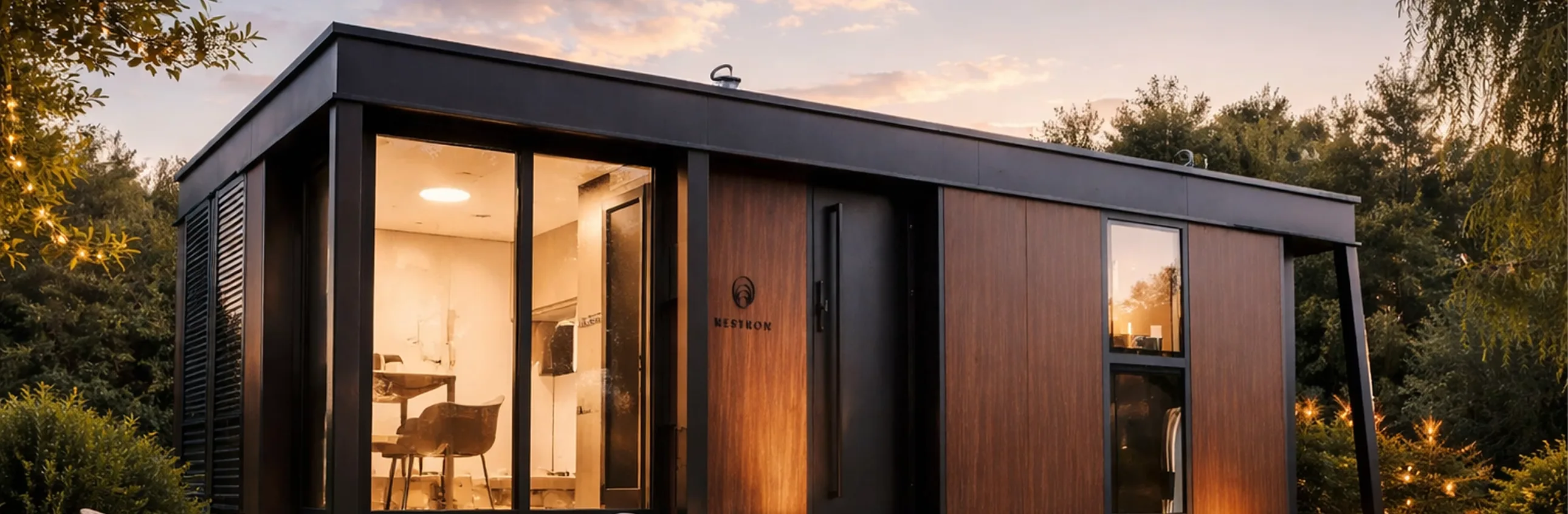 Close-up exterior view of a modern modular home at dusk with wood siding and warm lighting