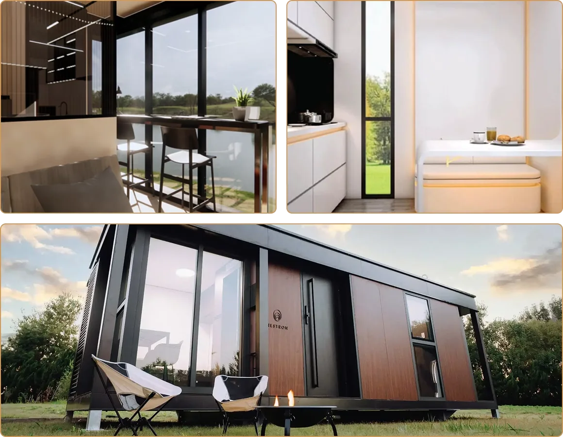 Collage showing exterior and interior views of a modern Nestron modular home