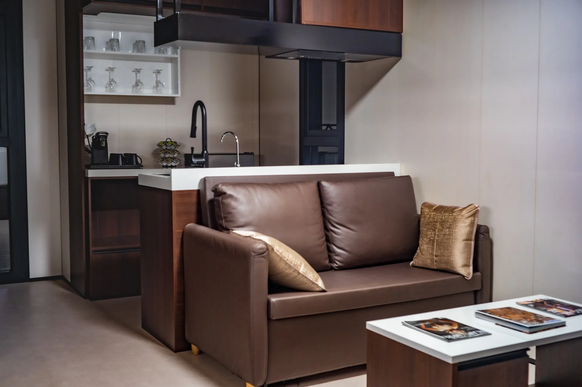 Nestron modular home living room with brown leather sofa and open kitchen