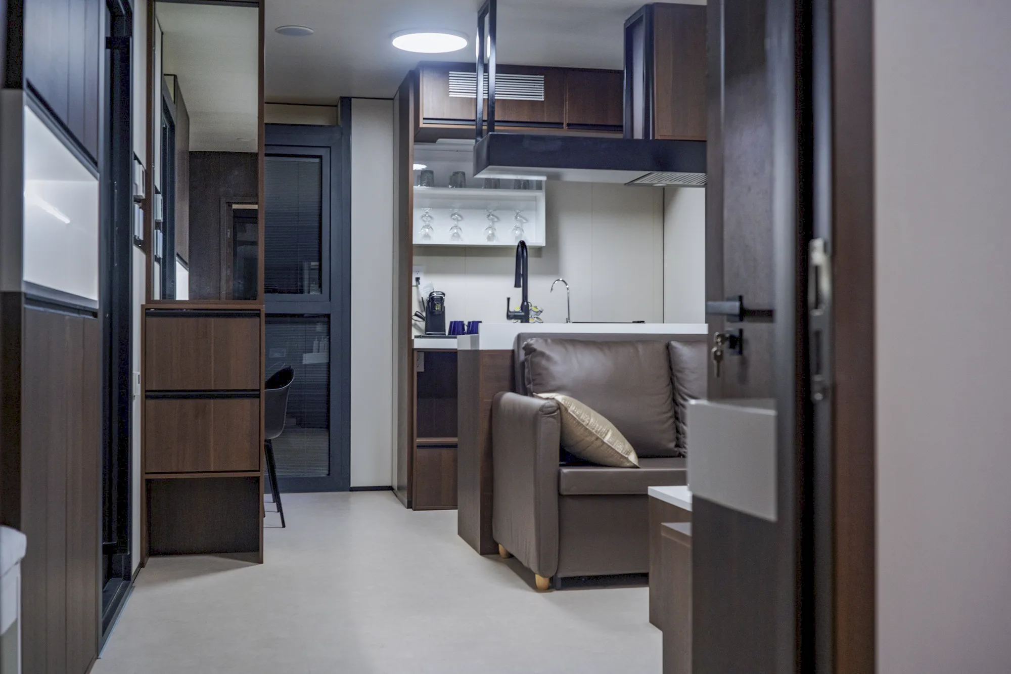 Nestron modular home kitchen and seating nook interior, joy feature